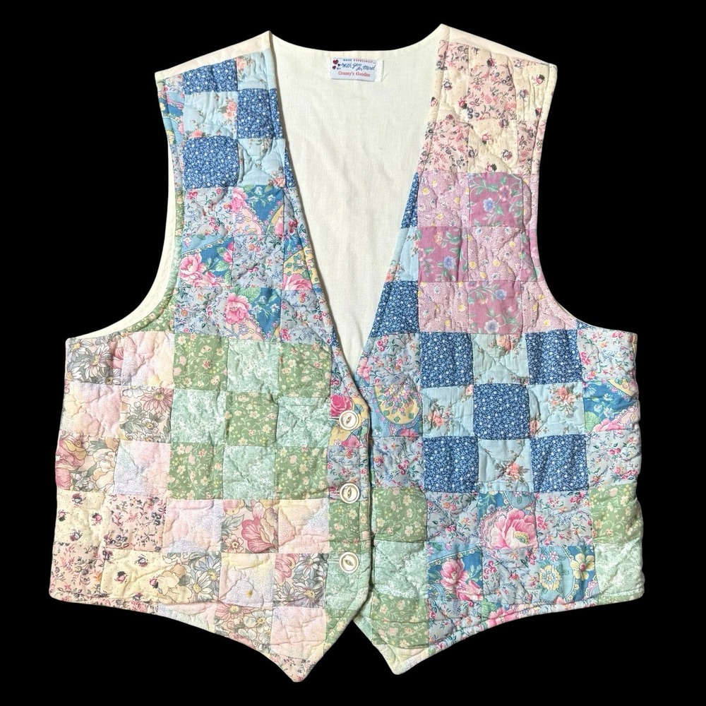 Vintage Handmade Patchwork Floral Quilted Vest One Size Boho Cottagecore Peasant